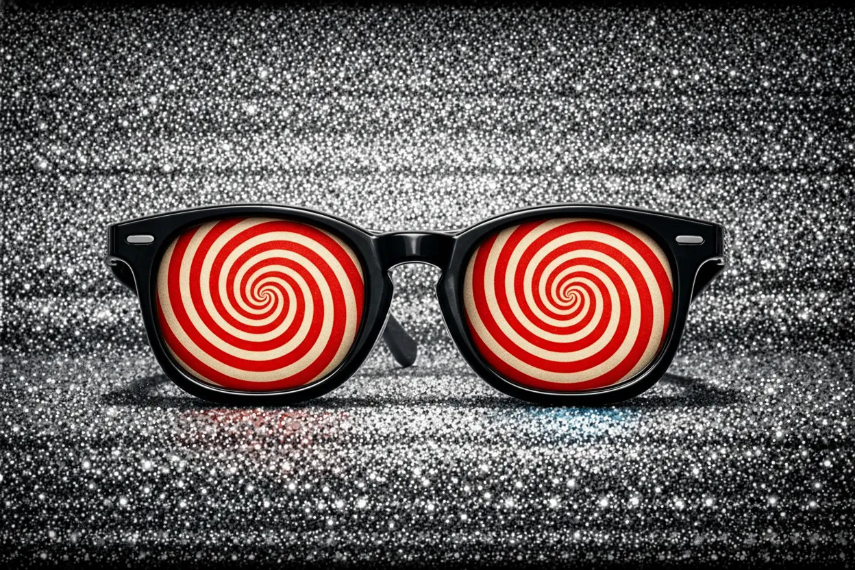 Black glasses with red and cream hypnotic spirals for lenses, on a field of TV static